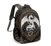 Majestic Gold Dragon Backpack Celestial Moon Stars Pattern Navy Blue Fantasy Mystic 16 Inch Winged All Over Print Daypack (04)