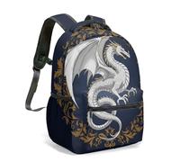 Majestic Gold Dragon Backpack Celestial Moon Stars Pattern Navy Blue Fantasy Mystic 16 Inch Winged All Over Print Daypack (05)