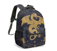 Majestic Gold Dragon Backpack Celestial Moon Stars Pattern Navy Blue Fantasy Mystic 16 Inch Winged All Over Print Daypack (01)