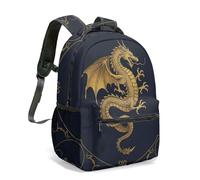 Majestic Gold Dragon Backpack Celestial Moon Stars Pattern Navy Blue Fantasy Mystic 16 Inch Winged All Over Print Daypack (02)