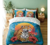 Majestic Jaguar in Tropical Sunset Duvet Cover Set, 3D Printed Bedding for Kids Bedroom (01,Single + 50 x 75cm x2)