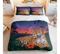 Majestic Jaguar in Tropical Sunset Duvet Cover Set, 3D Printed Bedding for Kids Bedroom (02,Double + 50 x 75cm x2)
