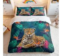 Majestic Jaguar in Tropical Sunset Duvet Cover Set, 3D Printed Bedding for Kids Bedroom (03,King + 80 x 80cm x2)