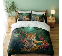 Majestic Jaguar in Tropical Sunset Duvet Cover Set, 3D Printed Bedding for Kids Bedroom (04,Double + 80 x 80cm x2)