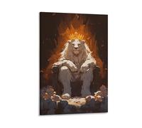 Majestic King Lion Wall Art Print Fantasy White Lion Sitting on Throne with Crown Bold Animal Poster for Living Room Office Or Teen Boys Room Jungle Safari Decor Gift 08x12inch(20x30cm) Framed