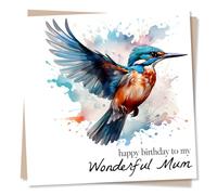 Majestic Kingfisher Bird Lover Birthday Card for Mum - Happy Birthday To My Wonderful Mum - Greetings Wish for Mom, Mother From Son, Daughter - Made in UK