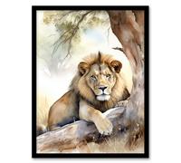Majestic Lion African Savannah Watercolour Africa Artwork Framed Wall Art Print A4 Artery8 Black A4