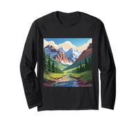Majestic Mountain Valley Art Snowy Peaks Pine Tree Stream Long Sleeve T-Shirt
