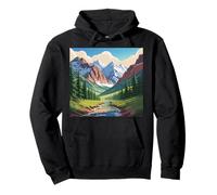 Majestic Mountain Valley Art Snowy Peaks Pine Tree Stream Pullover Hoodie