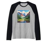 Majestic Mountain Valley Art Snowy Peaks Pine Tree Stream Raglan Baseball Tee