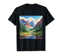 Majestic Mountain Valley Art Snowy Peaks Pine Tree Stream T-Shirt