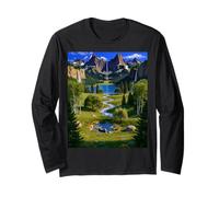 Majestic Mountain Waterfall Serene Valley Landscape Long Sleeve T-Shirt