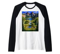 Majestic Mountain Waterfall Serene Valley Landscape Raglan Baseball Tee