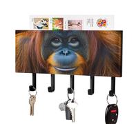Majestic Orangutan Monkey Leather Key Holder with 5 Hooks Decorative Wall Mounted Keys Organizer Rack for Hallway Entryway