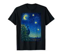 Majestic Peacock Fanning Tail In Van Gogh Starry Night World T-Shirt