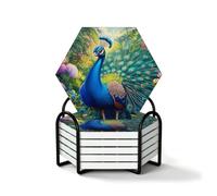 Majestic Peacock Feather Ceramic Coaster Set of 6