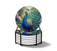 Majestic Peacock Feather Ceramic Coaster Set of 6