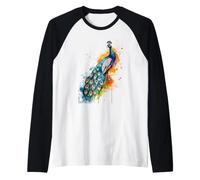 Majestic Peacock Watercolor Bird Artwork Raglan Baseball Tee