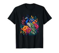 Majestic Peacock with Colorful Floral Bouquet T-Shirt