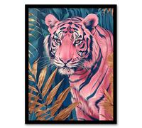 Majestic Pink Tiger in Blue Gold Tropical Jungle Framed Wall Art Artery8 Pink A4