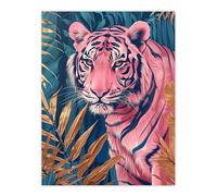 Majestic Pink Tiger in Blue Gold Tropical Jungle Wall Art Print Artery8 Pink W24 inch x H32 inch