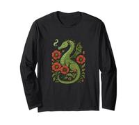 Majestic Red Dragon with Bright Poppy Flower Fantasy Design Long Sleeve T-Shirt