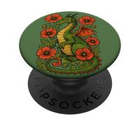 Majestic Red Dragon with Bright Poppy Flower Fantasy Design PopSockets Adhesive PopGrip