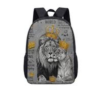 Majestic Royal King & Queen of Lions 17 Inch Print Backpack Dramatic Crown Couple Portrait for Kids Students School Bag (02)
