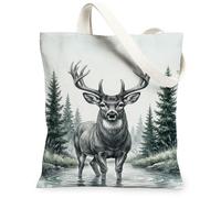 Majestic Stag Forest Illustration Ink Sketch Canvas Tote Bag 13x15 Inch | Majestic Stag Wildlife Illustration, Tranquil Forest River Landscape, Rustic Nature Theme, Versatile Everyday Carry