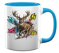 Majestic Stag with Vibrant Graffiti Ceramic Tea Coffee Mug Light Blue