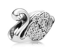 Majestic Swan Charm Bead for Pandora Bracelets Elegantly Plated in Fine Silver with Sparkling Clear Crystals - Happy Birthday Gift Box