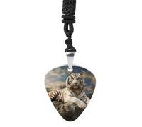 Majestic Tiger Resting on A Rock with Cloudy Guitar Pick Necklace, Guitar Pick Holder Pendant for Women, Guitar Music Necklace for Men, Personalized Rock Music Necklace with Chain, Music Picks