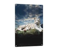 Majestic Tiger Resting on a Rock with Cloudy Sky patterned signage, indoor and outdoor wall decoration, suitable for parties, bedrooms, and porches.