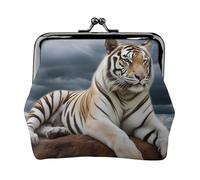 Majestic Tiger Resting On A Rock With Cloudy Sky Small Coin Purse For Women Girls Pu Leather Change Purse Wallets Key Bags Kiss-Lock Mini Coin Pouch For Women Girls