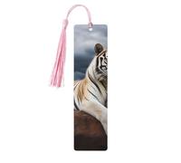Majestic Tiger Resting On A Rock with Cloudy Sky Wooden Bookmark 5pcs for Book Lovers,DIY Wooden Craft Bookmarks with Colorful Tassels Wood Gift Tags Labels Ornaments Unusual Gift for Men Women