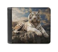 Majestic Tiger Resting on A Rock with Cloudy Wallet Passcase for Men, Extra Capacity Bifold Leather Wallets with ID Windows, Slim Stylish Wallet for Gift, Blocking Money Clip for Cards, Coin Pouch