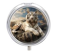 Majestic Tiger Resting Pill Box Medicine Pill Organizer 3 Compartment Daily Pill Case Small Pill Container Round Pill Holder Travel Pill Box Metal Pill Case for Purse Pocket
