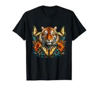 Majestic Tiger with Butterflies and Tropical Flowers T-Shirt