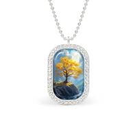 Majestic Tree with Golden Leaves Rectangle Pendant Necklace Silver Women Jewelry Alloy Keychain Tag Jewelry