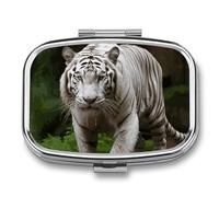 Majestic White Bengal Tiger Pill Box 2 Compartment, Portable Pill Case with Mirror for Pocket Purse Travel, Mini Metal Medicine Organizer for Vitamins Fish Oil