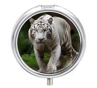 Majestic White Bengal Tiger Pill Box Small Round Pill Case Portable Travel Pill Container Multi-Functional Moisture Proof Metal Medicine Pill Organizer Box for Vitamins Fish Oil
