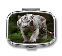 Majestic White Bengal Tiger Pill Organizer, 2 Compartments, Small Pocket Pill Box, Portable Travel Pill Case, Metal Medicine Organizer