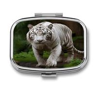 Majestic White Bengal Tiger Pill Organizer with 2 Compartments Metal Square Pill Case Small Pill Box Portable Medicine Box Slim Travel Pill Container Medicine Organizer for Daily Use