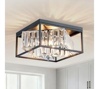 Majhoiw Black and Chrome Crystal Chandelier 4-Light 32cm Square Ceiling Light with Adjustable Shade E12 Base Flush Mount Modern Lamp for Kitchen Hallway Living Room Bedroom Foyer