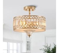 Majhoiw Gold Crystal Ceiling Light Fixture for Hallway Foyer Bedroom Kitchen Island, 33cm Dia Modern Round Close Ceiling Light Fixture, 3-Light Brushed Gold Chandelier