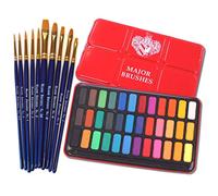 Major Brushes Artist Watercolour Paint 36 Blocks Red Metal Tin plus 10 Synthetic Sable Orange Brush Set - Round, Flat, Filbert
