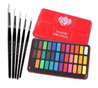 Major Brushes White Sable Round Brush Set of 5 Plus Artist Watercolour Paint Tin 36 Blocks Red Metal Lid