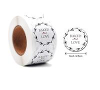 MajorCrafts 500 Labels per roll 2.5cm 1" Wide Black & White 'Baked with Love' Printed Round Sticker Labels V114