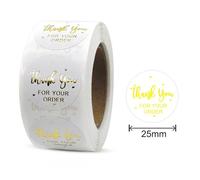 MajorCrafts 500 Labels per roll 2.5cm 1" Wide White & Gold 'Thank You for Your Order' Printed Round Sticker Labels V175