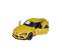 Majorette 212053052Q29 Premium Toyota Supra Toy Car, Freewheel, Opening Parts, Suspension, Trading Card, 1:64, 7.5 cm, Yellow, for Children from 3 Years